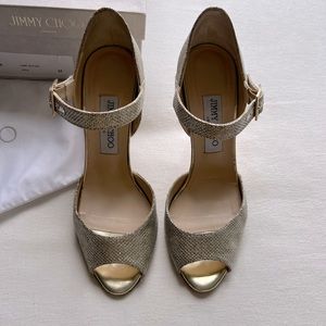 Jimmy Choo Peep toe Gold Glitter Pumps Size 7